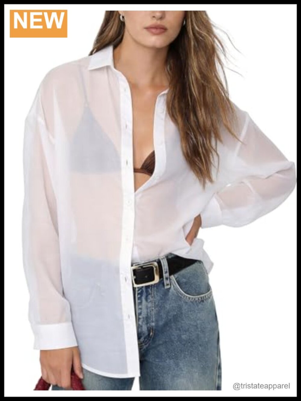Sheer Shiny Button Down Shirt Long Sleeve Loose Blouse